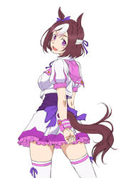 Rule 34 | 1girl, animal ears, blush, bow, brown hair, horse ears, horse girl, horse tail, looking at viewer, looking back, misnon the great, multicolored hair, open mouth, puffy short sleeves, puffy sleeves, purple bow, purple eyes, ribbon, short hair, short sleeves, skirt, smile, solo, special week (umamusume), standing, tail, twisted torso, two-tone hair, umamusume, white background, white hair, white legwear, wristband