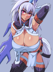 Rule 34 | 1girl, arm up, bandeau, blue background, breasts, capcom, cleavage, covered erect nipples, dark-skinned female, dark skin, hand on own thigh, holding, holding sword, holding weapon, huge breasts, kirin (armor), leaning forward, long hair, looking at viewer, monster hunter (series), nishida megane, pink eyes, purple hair, simple background, smile, solo, spiked hair, standing, sword, thighhighs, weapon
