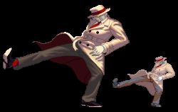 Rule 34 | 1boy, belt, capcom, coat, fedora, gloves, hat, kicking, lowres, male focus, mask, necktie, parody, pixel art, q (street fighter), robot, solo, street fighter, street fighter iii (series), style parody, transparent background, trench coat, white gloves, yellow eyes