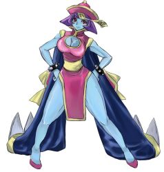 Rule 34 | 1girl, blue skin, blush, bracelet, breasts, capcom, chinese clothes, cleavage, cleavage cutout, clothing cutout, colored skin, doru riheko, flipped hair, hands on own hips, hat, jewelry, jiangshi, large breasts, legs, lei lei, qingdai guanmao, smile, solo, spiked bracelet, spikes, thick thighs, thighs, vampire (game)