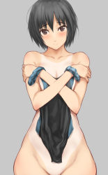 Rule 34 | 1girl, amagami, black hair, brown eyes, commentary request, competition swimsuit, covering privates, crossed arms, grey background, highres, holding, holding clothes, holding swimsuit, looking at viewer, nanasaki ai, nude cover, one-piece swimsuit, one-piece tan, out-of-frame censoring, serizawa (serizawaroom), short hair, simple background, solo, swimsuit, tan, tanline, unworn swimsuit, upper body