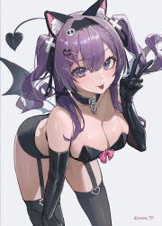 Rule 34 | 1girl, absurdres, animal ears, bare shoulders, bent over, black choker, black gloves, black shirt, black shorts, black thighhighs, breasts, cat ears, chain, choker, cleavage, closed mouth, commentary request, commission, crop top, demon tail, demon wings, elbow gloves, garter straps, gloves, hair ornament, hairband, hairclip, hand on own knee, hand up, highres, large breasts, latex, latex gloves, leaning, long hair, looking at viewer, low wings, micro shorts, midriff, mole, mole under eye, original, purple eyes, purple hair, revealing clothes, see-through, shirt, shorts, skeb commission, sleeveless, sleeveless shirt, smile, solo, sooon, spaghetti strap, standing, tail, tail raised, thighhighs, thighs, tongue, tongue out, twintails, v, wings