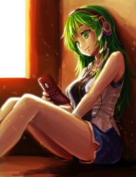 Rule 34 | 1girl, between legs, breasts, contemporary, freeze-ex, frog hair ornament, green eyes, green hair, hair ornament, hand between legs, handheld game console, headphones, highres, holding, kochiya sanae, large breasts, long hair, matching hair/eyes, mirror, nintendo 3ds, nintendo ds, shorts, sitting, smile, snake hair ornament, solo, touhou, window