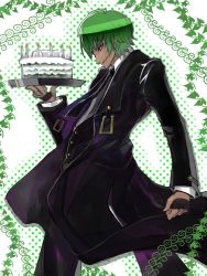 Rule 34 | 1boy, arc system works, blazblue, cake, candle, fingerless gloves, food, formal, gloves, gond, green hair, halftone, halftone background, hazama, male focus, necktie, pants, smile, solo, suit, white background, yellow eyes