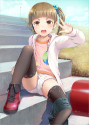 Rule 34 | 1girl, :d, backpack, bag, black thighhighs, blunt bangs, blush, boots, brown eyes, brown hair, cherry print, clothes writing, cloud, day, english text, flat chest, food print, hair bobbles, hair ornament, highres, hood, hoodie, long hair, looking at viewer, no pants, open mouth, original, outdoors, panties, print panties, randoseru, shorts, shorts around one leg, side ponytail, sitting, sitting on stairs, sky, smile, sody, solo, stairs, thighhighs, underwear, v, white panties