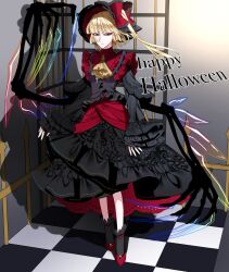 Rule 34 | 1girl, alternate costume, black dress, black headwear, black socks, black wings, blue gemstone, blunt bangs, checkered floor, collar, crystal, dress, extra arms, flandre scarlet, floral print, frilled dress, frilled ribbon, frilled socks, frills, gem, hair ornament, hair ribbon, halloween, halloween costume, happy halloween, hat, highres, jewelry, layered clothes, layered dress, long sleeves, medium hair, multicolored clothes, multicolored dress, neckerchief, nubezon, pointy ears, ponytail, red collar, red dress, red eyes, red footwear, red gemstone, red ribbon, ribbon, shoes, side ponytail, skeletal arm, skeletal wings, skeleton, socks, touhou, vampire, wide sleeves, wings, yellow gemstone, yellow neckerchief