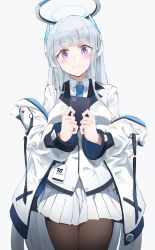 Rule 34 | 1girl, absurdres, black pantyhose, blue archive, blue necktie, book, breasts, collared shirt, formal, grey hair, hair between eyes, halo, headphones, heimu (heim kstr), highres, holding, holding book, id card, jacket, large breasts, long hair, looking at viewer, mechanical halo, miniskirt, necktie, noa (blue archive), open clothes, open jacket, pantyhose, pleated skirt, purple eyes, shirt, simple background, skirt, smile, solo, standing, suit, very long hair, white background, white jacket, white skirt, white suit