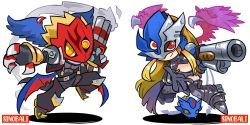 Rule 34 | 1boy, 1girl, artist request, beelstarmon, beelstarmon x-antibody, beelzebumon, beelzebumon x-antibody, chibi, demon, demon boy, demon girl, digimon, flying, full body, gun, helmet, highres, holding, holding weapon, seven great demon lords, smile, tail, third eye, weapon, wings