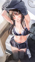 Rule 34 | 1girl, armpits, arms up, bad id, bad pixiv id, bed, black bra, black skirt, black thighhighs, blush, bra, breasts, brown hair, cleavage, clock, full body, hair ornament, hairclip, highres, indoors, knees together feet apart, lace, lace-trimmed bra, lace trim, light rays, long hair, looking at viewer, medium breasts, midriff, miniskirt, navel, on bed, open mouth, original, plaid, plaid skirt, sitting, skirt, solo, sunlight, tears, thighhighs, thighs, tipii, underwear, undressing, wooden floor, yellow eyes, zettai ryouiki