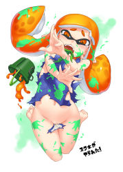 Rule 34 | 1girl, blush, bucket, fangs, highres, inkling, inkling girl, inkling player character, kabeu mariko, long hair, matching hair/eyes, navel, nintendo, open mouth, orange eyes, orange hair, outstretched arms, paint splatter, pointy ears, school swimsuit, solo, splatoon (series), splatoon 1, swimsuit, tears, tentacle hair, torn clothes, watch, wristwatch