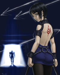 Rule 34 | 1girl, armor, arrow (projectile), ass, back, back tattoo, backless dress, backless outfit, backlighting, bare shoulders, belt, black eyes, black hair, black pantyhose, blue dress, bob cut, breastplate, cuffs, doorway, dress, from behind, full armor, helmet, kagero deception, kagerou: kokumeikan shinshou, knight, looking at viewer, looking back, millennia, millennia (kagero), pantyhose, shadow, short dress, short hair, side slit, sidelocks, signature, skirt, solo focus, standing, sword, tattoo, taut clothes, taut dress, teiku (take), turtleneck, weapon