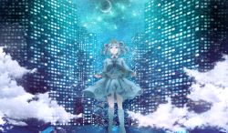 Rule 34 | 1girl, backpack, bag, between breasts, blue eyes, blue hair, blush, boots, breasts, building, cityscape, cloud, dress, hair bobbles, hair ornament, hat, kawashiro nitori, key, long sleeves, matching hair/eyes, moon, night, night sky, ocean, open mouth, pocket, rubber boots, sad, shirt, short hair, short twintails, skirt, skirt set, sky, skyscraper, solo, tears, touhou, toy block, twintails, two side up, water, yaboshi