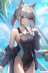 Rule 34 | 1girl, animal ear fluff, animal ears, bare shoulders, black jacket, black one-piece swimsuit, blue archive, blue eyes, blue halo, blue sky, blush, breasts, bright pupils, collarbone, competition swimsuit, covered navel, cowboy shot, day, earrings, extra ears, fishing rod, groin, halo, highres, jacket, jewelry, kagerou (gigayasoma), lens flare, long sleeves, looking at viewer, medium breasts, mismatched pupils, off shoulder, official alternate costume, one-piece swimsuit, open clothes, open jacket, outdoors, parted lips, ponytail, shiroko (blue archive), shiroko (swimsuit) (blue archive), short hair, short ponytail, sky, solo, stud earrings, swimsuit, swimsuit under clothes, track jacket, wolf ears