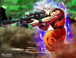Rule 34 | 1boy, absurdres, aiming, aura, dragon ball, dragon ball super, fortnite, gun, highres, holding, holding gun, holding weapon, muscular, muscular male, on one knee, one eye closed, out of character, outdoors, pea-bean, rifle, sniper rifle, solo, son goku, twitter username, ultra instinct, weapon, what, white hair