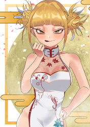 Rule 34 | 1girl, bare shoulders, blonde hair, boku no hero academia, breasts, china dress, chinese clothes, collarbone, double bun, dress, fishnets, hand on own hip, highres, large breasts, licking lips, looking at viewer, messy hair, side slit, sleeveless, sleeveless dress, solo, toga himiko, tongue, tongue out, white dress, yellow eyes, zd (pixiv6210083)