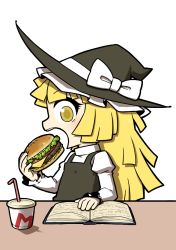 Rule 34 | 1girl, blonde hair, book, bow, burger, chibi, drink, drinking straw, eating, female focus, food, hat, hat bow, kirisame marisa, long hair, long sleeves, open book, profile, puffy sleeves, reading, solo, touhou, transparent background, ume (noraneko), witch, witch hat, yellow eyes