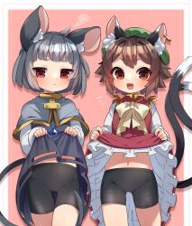 Rule 34 | 2girls, :&lt;, :3, :d, animal ear fluff, animal ears, bike shorts, blush, border, brown hair, capelet, cat ears, cat tail, chen, clothes lift, dress, dress lift, earrings, green headwear, grey hair, hat, heart, highres, ibaraki natou, jewelry, lifted by self, lifting another&#039;s clothes, mouse ears, mouse tail, multiple girls, multiple tails, nazrin, nekomata, notice lines, open mouth, outside border, pink background, shorts, single earring, skirt, skirt hold, skirt lift, smile, squiggle, tail, touhou, two tails, white border