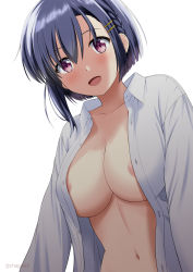 Rule 34 | 1girl, areola slip, blue hair, blush, bokutachi no remake, braid, breasts, cleavage, collarbone, collared shirt, dark blue hair, dress shirt, female focus, from below, hair between eyes, hair ornament, hairclip, highres, large breasts, linea alba, long sleeves, looking at viewer, medium hair, naked shirt, navel, no bra, open clothes, open shirt, purple eyes, satou chagashi, shino aki, shirt, side braid, simple background, smile, solo, unbuttoned, unbuttoned shirt, upper body, white background, white shirt