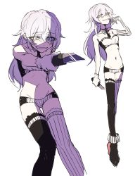 Rule 34 | 1girl, absurdres, asymmetrical legwear, bad id, bad twitter id, bare shoulders, black neckwear, black thighhighs, blue eyes, blush, boxcutter, breasts, elbow gloves, eyes visible through hair, gloves, gluteal fold, grey hair, hand up, highres, long hair, looking at viewer, mismatched legwear, multiple views, navel, necktie, original, panties, ribbed legwear, short necktie, simple background, single elbow glove, small breasts, smile, thigh gap, thighhighs, tsu (lovesick1964), underwear, white background, white gloves, white thighhighs, wristband