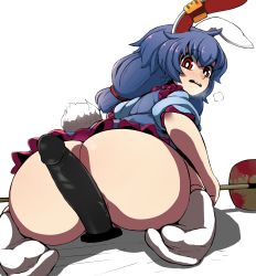 Rule 34 | 1girl, animal ears, ass, bandaid, bandaid on pussy, blue eyes, blush, dildo, epic armageddon, highres, looking at viewer, maebari, open mouth, pussy, seiran (touhou), sex toy, short hair, solo, tape, tape on pussy, touhou