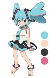 Rule 34 | 1girl, absurdres, alternate eye color, alternate hairstyle, anklet, bare shoulders, barefoot, black eyes, black skirt, blue hair, blue necktie, blush stickers, bracelet, bright pupils, collared shirt, color guide, commentary, expressionless, full body, hair ornament, hatsune miku, highres, jewelry, jitome, looking at viewer, necktie, nerio (neri akira), no detached sleeves, number tattoo, parted lips, pleated skirt, reflection, shirt, simple background, skirt, sleeveless, sleeveless shirt, solo, tattoo, tie clip, twintails, vocaloid, white background, white pupils, white shirt