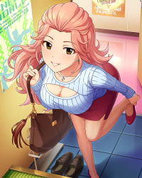 Rule 34 | 10s, 1girl, artist request, bag, breasts, brown eyes, card (medium), character name, cleavage, cleavage cutout, clothing cutout, earrings, hamakawa ayuna, idolmaster, idolmaster cinderella girls, jewelry, leaning forward, long hair, looking at viewer, meme attire, necklace, official art, open-chest sweater, pantyhose, parted lips, pink hair, red skirt, ribbed sweater, see-through, see-through legwear, skirt, smile, solo, sun symbol, sweater, wavy hair, white sweater