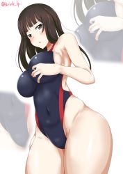 Rule 34 | 1girl, blunt bangs, blush, breasts, commentary, competition swimsuit, covered navel, cowboy shot, frown, fuyunoyukino, girls und panzer, groin, half-closed eyes, hand on own chest, hand on own thigh, highleg, highleg swimsuit, impossible clothes, impossible swimsuit, large breasts, looking at viewer, mature female, nishizumi shiho, one-hour drawing challenge, one-piece swimsuit, open mouth, parted lips, simple background, skindentation, solo, standing, straight hair, swimsuit, twitter username, white background, zoom layer