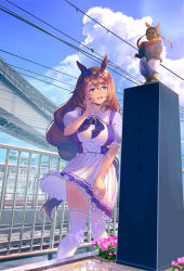 Rule 34 | 1girl, animal ears, blue eyes, blue sky, blush, bow, bowtie, braid, breasts, bridge, brown hair, cloud, commentary request, day, feet out of frame, flower, fountain, frilled skirt, frills, hair between eyes, highres, horse ears, horse girl, horse tail, horseshoe ornament, large breasts, long hair, open mouth, outdoors, over-kneehighs, pink flower, pleated skirt, puffy short sleeves, puffy sleeves, purple bow, purple bowtie, purple shirt, railing, reihou19, school uniform, shirt, short sleeves, skirt, sky, solo, standing, summer uniform, super creek (umamusume), tail, thighhighs, tracen school uniform, umamusume, very long hair, water, white skirt, white thighhighs