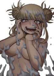 Rule 34 | 1girl, blonde hair, blunt bangs, blush, boku no hero academia, breasts, convenient censoring, double bun, fangs, hair bun, hands on own face, highres, medium breasts, messy hair, nude, open mouth, sidelocks, slime (substance), slit pupils, solo, toga himiko, upper body, yellow eyes