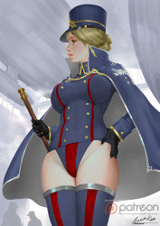 Rule 34 | 1girl, aircraft, ariverkao, black gloves, blonde hair, blue eyes, breasts, cloak, closed mouth, dated, dirigible, gloves, hand on own hip, hat, large breasts, leotard, lips, looking to the side, original, patreon logo, short hair, signature, silhouette, solo, thighhighs, uniform, watermark, web address
