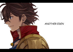 Rule 34 | 1boy, aldo (another eden), another eden, armor, bell, blue eyes, blue shirt, brown hair, closed mouth, from side, hair between eyes, high collar, jewelry, letterboxed, looking to the side, male focus, neck bell, necklace, profile, shirt, short hair, shoulder armor, solo, upper body, wavy hair, white background, yasunososaku