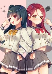 Rule 34 | &gt;:d, 2girls, :d, blue hair, blush, bow, bowtie, brown eyes, buttons, clenched hand, commentary request, double-breasted, hair bun, hair ornament, hairclip, hand on own hip, locked arms, long hair, long sleeves, love live!, love live! sunshine!!, midriff peek, moyui (myi 005), multiple girls, navel, open mouth, pleated skirt, red eyes, red hair, red neckwear, sakurauchi riko, school uniform, serafuku, side bun, single side bun, skirt, smile, sparkle, squiggle, trembling, tsushima yoshiko, two-tone background, uranohoshi school uniform, v-shaped eyebrows, v over eye, yellow neckwear