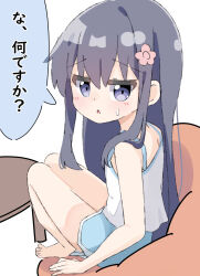 Rule 34 | 1girl, bare arms, bare shoulders, barefoot, black hair, blue shorts, blush, camisole, commentary, flower, from side, hair between eyes, hair flower, hair ornament, highres, kapuru 0410, looking at viewer, looking to the side, parted lips, pink flower, purple eyes, shirosaki hana, short shorts, shorts, simple background, sitting, solo, sweat, table, translated, watashi ni tenshi ga maiorita!, white background, white camisole