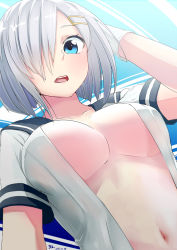 Rule 34 | 10s, 1girl, 32. (32 sats), artist name, blue eyes, breasts, dated, female focus, gloves, hair ornament, hair over one eye, hairclip, hamakaze (kancolle), kantai collection, large breasts, looking at viewer, looking down, navel, no bra, open clothes, open mouth, open shirt, school uniform, serafuku, shirt, short hair, silver hair, solo, white gloves