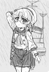 Rule 34 | 1girl, :t, arm up, blush, glasses, gloves, greyscale, hat, hirato (kancolle), junes, kantai collection, long sleeves, monochrome, neckerchief, pleated skirt, pout, rain, rigging, sailor collar, school uniform, serafuku, short hair, sketch, skirt, solo, wet, wet clothes