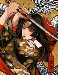 Rule 34 | 1boy, absurdres, arms up, black hair, blunt bangs, blunt ends, chinese zodiac, closed mouth, dragon, eastern dragon, fingernails, from side, highres, holding, holding sword, holding weapon, japanese clothes, kagoya1219, katana, kimono, long hair, long sleeves, looking at viewer, looking to the side, male focus, original, parted bangs, print kimono, solo, straight hair, sword, tree print, tsuka-ito, upper body, weapon, wide sleeves, year of the dragon