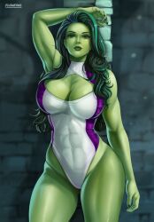 Rule 34 | 1girl, abs, absurdres, artist name, artist request, ass, bare arms, bare legs, bare shoulders, breasts, cleavage cutout, cleft of venus, clothing cutout, colored skin, curvy, fingerless gloves, flowerxl, gloves, green eyes, green hair, green skin, highleg, highleg leotard, highres, large breasts, leotard, lips, long hair, looking at viewer, marvel, muscular, muscular female, she-hulk, shiny skin, simple background, smile, solo, standing, superhero costume, two-tone leotard, wide hips