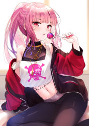 Rule 34 | 1girl, bare shoulders, black jacket, black pants, candy, crop top, crop top overhang, food, holding, hololive, hololive english, jacket, jewelry, lollipop, long hair, long sleeves, looking at viewer, midriff, mori calliope, mori calliope (streetwear), nail polish, navel, necklace, off shoulder, official alternate costume, open clothes, open jacket, pants, pantyhose, parted lips, pink hair, ponytail, red eyes, revision, shirt, sidelocks, sitting, sleeveless, sleeveless shirt, solo, strap slip, virtual youtuber, white shirt, yan (nicknikg)