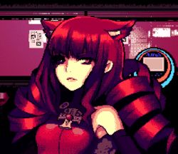 Rule 34 | 1girl, animal ears, animated, animated gif, artificial eye, bare shoulders, brooch, cat ears, closed mouth, cross, dress, ear wiggle, elbow gloves, expressionless, extra ears, game screenshot, game sprite, gem, gloves, jewelry, looking at viewer, lowres, mechanical eye, red dress, red eyes, red gloves, red hair, red lips, red theme, red gemstone, solo, stella hoshii, talking, upper body, va-11 hall-a
