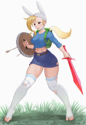 Rule 34 | 1girl, adventure time, arrow (projectile), backpack, bag, belt, blonde hair, blue skirt, breasts, cheshirrr, commentary, english commentary, fionna campbell, full body, highres, legs apart, looking away, medium breasts, midriff, navel, shield, skirt, solo, standing, sword, thighhighs, toeless legwear, torn clothes, torn thighhighs, weapon, white thighhighs