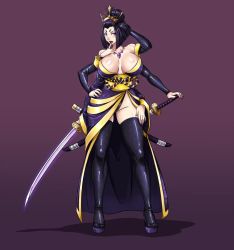 Rule 34 | 1girl, bare shoulders, bob cut, breasts, detached sleeves, devil-v, extra arms, hand on own head, highres, japanese clothes, jewelry, katana, kimono, lady onikumo, large breasts, monster girl, nail polish, necklace, original, panties, purple hair, purple nails, red eyes, sandals, solo, sword, thighhighs, thighs, underwear, weapon