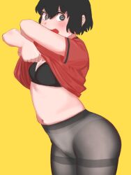 Rule 34 | 1girl, @ @, arms up, bare arms, black hair, black pantyhose, blush, bra, breasts, cleavage, clothes lift, cowboy shot, crotch seam, embarrassed, hair between eyes, kaban (kemono friends), kemono friends, lifting own clothes, looking at viewer, navel, no pants, open mouth, panties, panties under pantyhose, pantyhose, red shirt, shirt, shirt lift, shiso (sticky shiso), short hair, short sleeves, simple background, skindentation, small breasts, solo, stomach, t-shirt, underwear, undressing, wide-eyed, yellow background