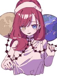Rule 34 | 1girl, alternate costume, blue eyes, earth (ornament), hecatia lapislazuli, heterochromia, highres, long hair, looking at viewer, moon (ornament), nama udon, open mouth, red hair, shirt, simple background, sleeveless, sleeveless shirt, solo, touhou, upper body, white background, white shirt, yellow eyes