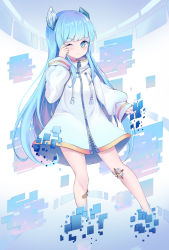 Rule 34 | 1girl, absurdres, bad id, bad pixiv id, bandaid, blue eyes, blue hair, blush, commentary, copyright request, frown, hair ornament, highres, jacket, lebring, long hair, looking at viewer, one eye closed, solo, virtual youtuber, white jacket, zipper