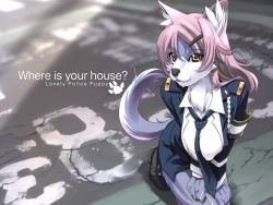 Rule 34 | 1girl, animal ears, breasts, dog, dog tail, english text, female focus, furry, furry female, hair ornament, hairclip, highres, kneeling, long hair, necktie, open clothes, open shirt, pink hair, police, police uniform, policewoman, purple hair, shirt, skirt, solo, sumomo kpa, tail, uniform