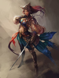 Rule 34 | 1girl, armor, blue eyes, fuji q, gauntlets, hat, long hair, original, rapier, red hair, solo, sword, weapon