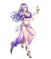 Rule 34 | 1girl, bikini, bracelet, breasts, camilla (fire emblem), camilla (summer) (fire emblem), cleavage, cup, drinking glass, feet, female focus, fire emblem, fire emblem fates, fire emblem heroes, food, fruit, full body, hair over one eye, high heels, highres, holding, jewelry, large breasts, long hair, matching hair/eyes, nail polish, navel, nintendo, official art, orange (fruit), orange slice, purple eyes, purple hair, purple nails, sandals, sarong, solo, swimsuit, toenail polish, toenails, toes, transparent background