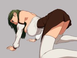 Rule 34 | 1girl, all fours, arm support, armpits, ass, bare shoulders, blue eyes, breasts, bursting breasts, detached sleeves, female focus, game cg, green hair, kurokawa sahara, large breasts, legs, legs apart, long hair, looking down, original, panties, pantyshot, parted lips, simple background, skirt, solo, strapless, thighhighs, thighs, underwear, white thighhighs