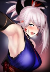 Rule 34 | 1girl, arm up, armpits, asymmetrical hair, blue eyes, blush, breasts, breath, detached sleeves, earrings, fate/grand order, fate (series), floral print, hair ornament, japanese clothes, jewelry, kimono, large breasts, light purple hair, long hair, looking at viewer, miyamoto musashi (fate), open mouth, sash, sideboob, solo, steam, sweat, ulrich (tagaragakuin)