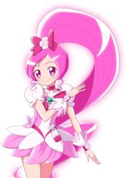 Rule 34 | 1girl, absurdres, arm up, bare legs, blush, bottle, bow, bowtie, brooch, choker, closed mouth, cowboy shot, cure blossom, dress, earrings, eyelashes, feet out of frame, frilled cuffs, hair bow, hanasaki tsubomi, heart, heart brooch, heartcatch precure!, high ponytail, highres, jewelry, long hair, looking at viewer, magical girl, multicolored clothes, multicolored skirt, perfume bottle, pink bow, pink bowtie, pink choker, pink eyes, pink hair, ponytail, precure, puffy short sleeves, puffy sleeves, sentyouoekaki, shadow, short sleeves, simple background, skirt, smile, solo, standing, swept bangs, two-tone dress, very long hair, white background, wrist cuffs